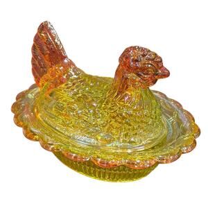 Mosser 7" Hen on Nest Marigold Iridescent Carnival Glass Split Tail CADMIUM Glow